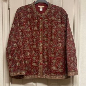 La Cera Reversible Quilted Floral Jacket in Red, Light Brown and Gray Size L